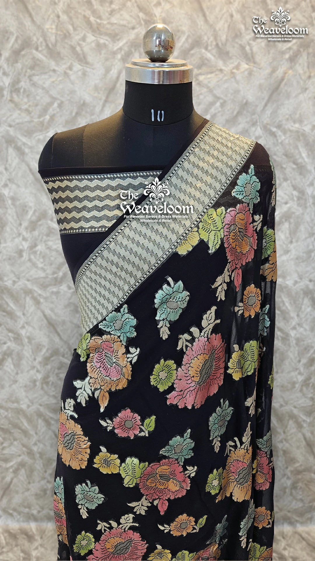 Black Khaddi Georgette Water Zari Pure Banarasi Saree - Floral Design with Customizable Colors