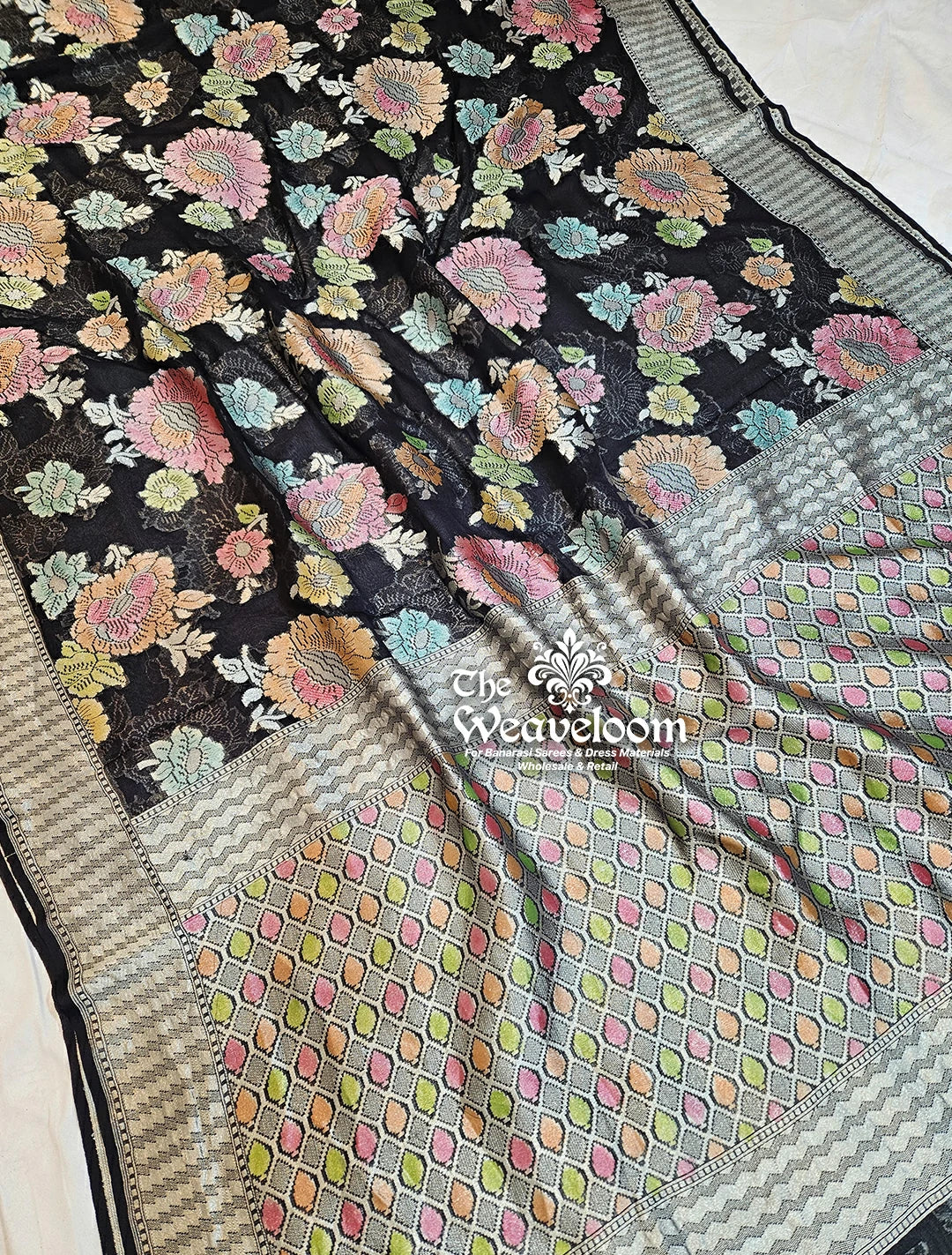 Black Khaddi Georgette Water Zari Pure Banarasi Saree - Floral Design with Customizable Colors