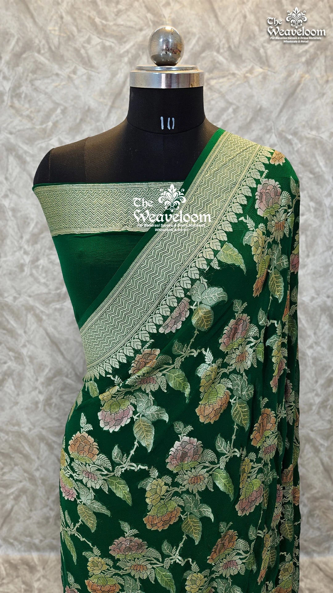 Bottle Green Khaddi Georgette Water Zari Pure Banarasi Saree - 100% Color Customization Option Available