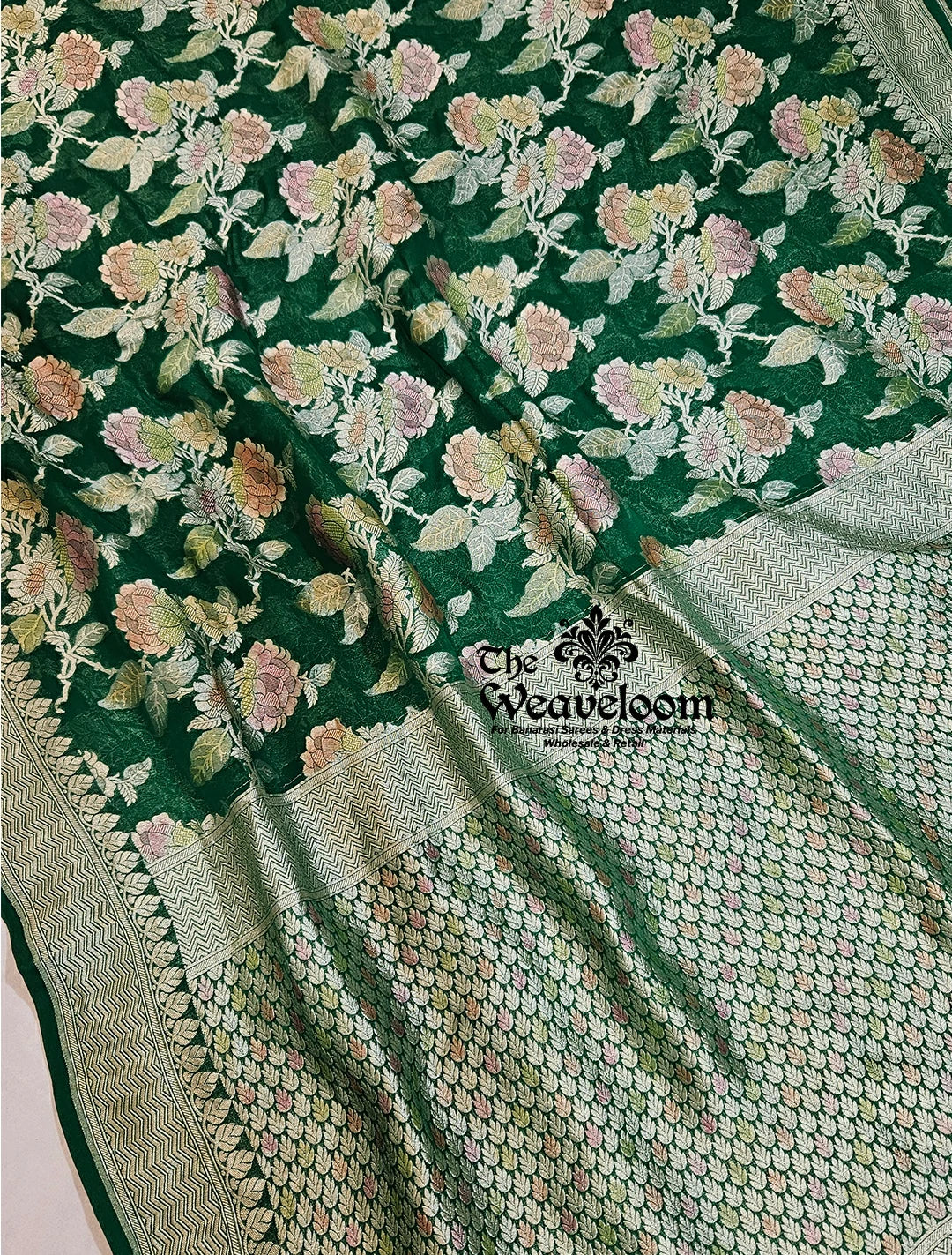 Bottle Green Khaddi Georgette Water Zari Pure Banarasi Saree - 100% Color Customization Option Available