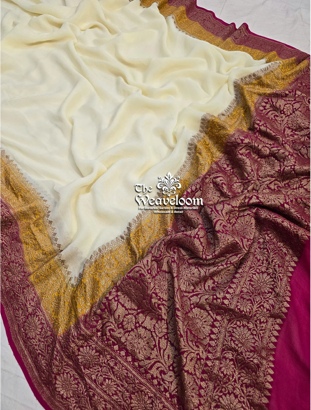 Cream Khaddi Georgette Pure Banarasi Saree with Antique Zari by The Weaveloom
