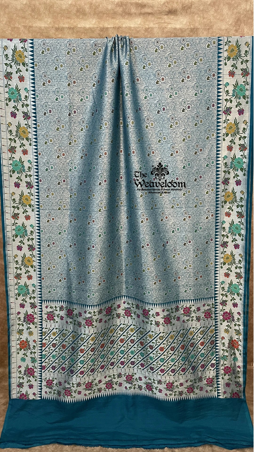 German Blue - Tussar Georgette Brocade Banarasi Saree with Meenakari - The Weaveloom