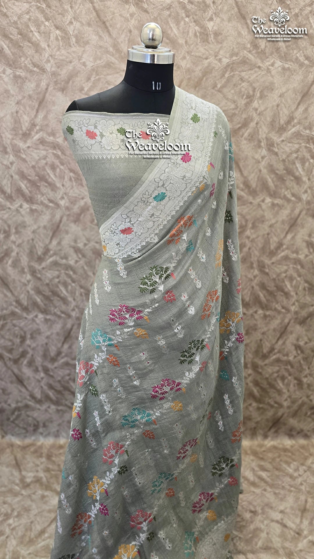 Grey Tussar Georgette Banarasi Saree with Meenakari Work - The Weaveloom