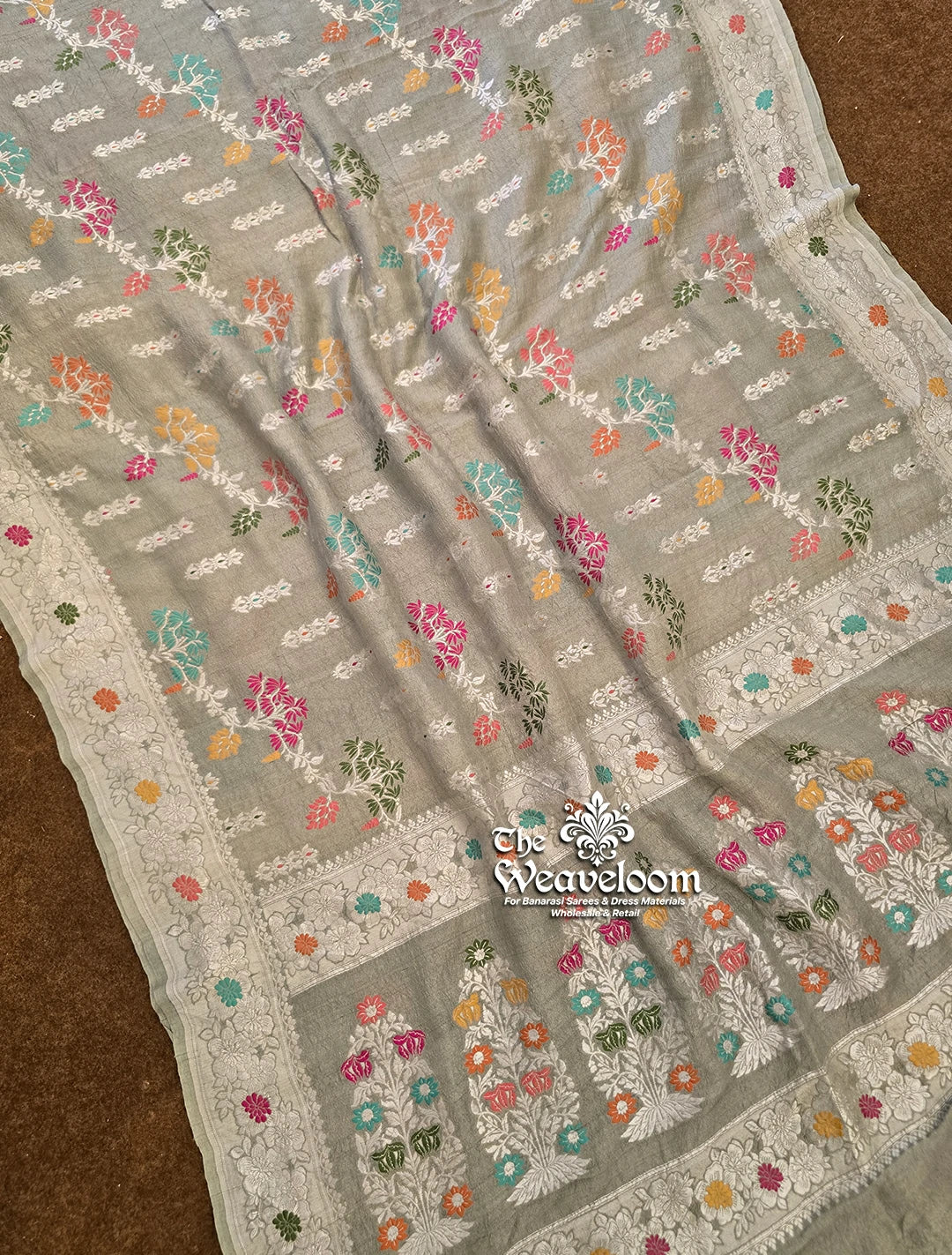 Grey Tussar Georgette Banarasi Saree with Meenakari Work - The Weaveloom
