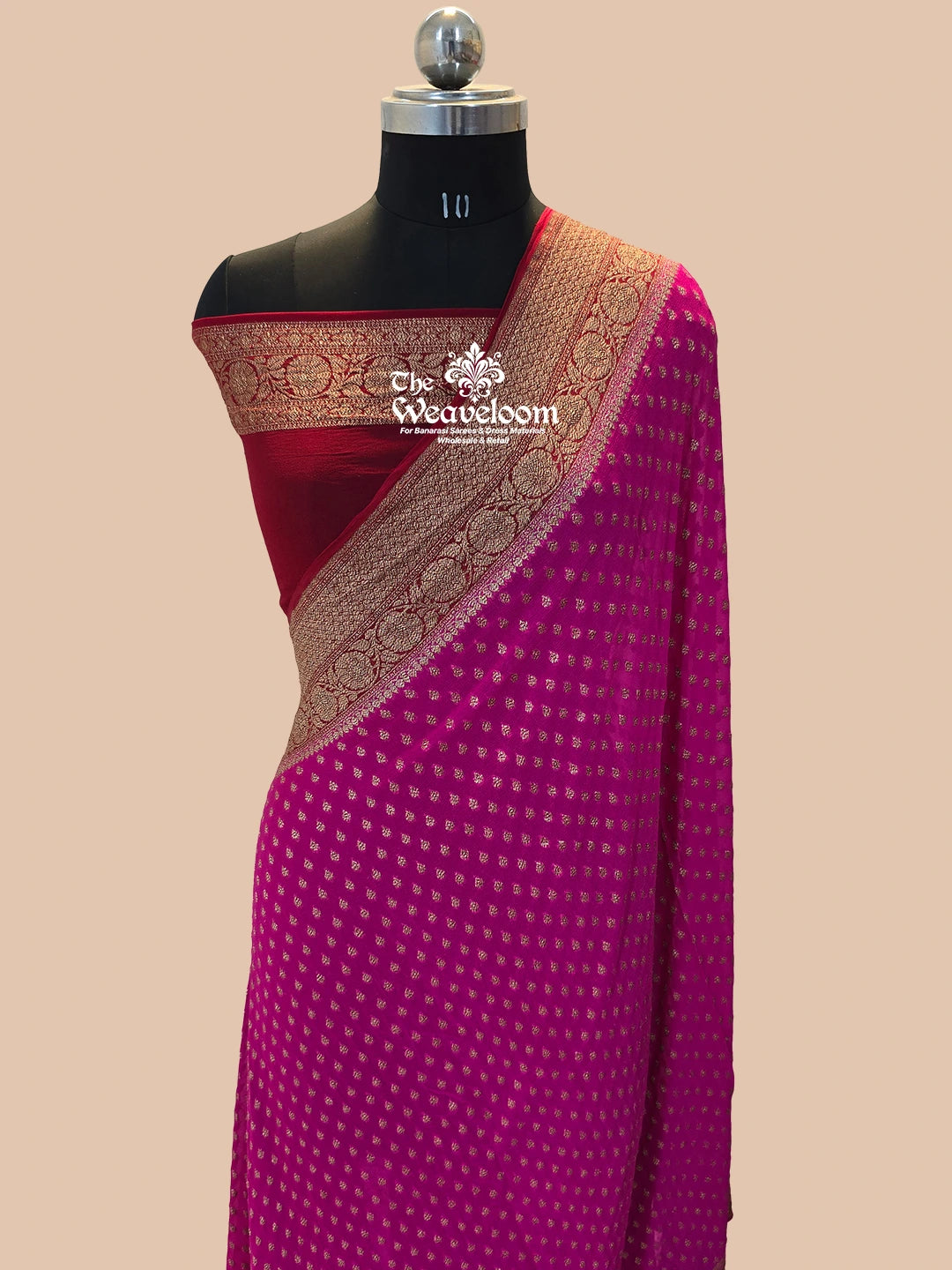 Rani Khaddi Georgette Antique Zari Pure Banarasi Saree with running blouse, available with 100% color customization options. Perfect for weddings and festivals.