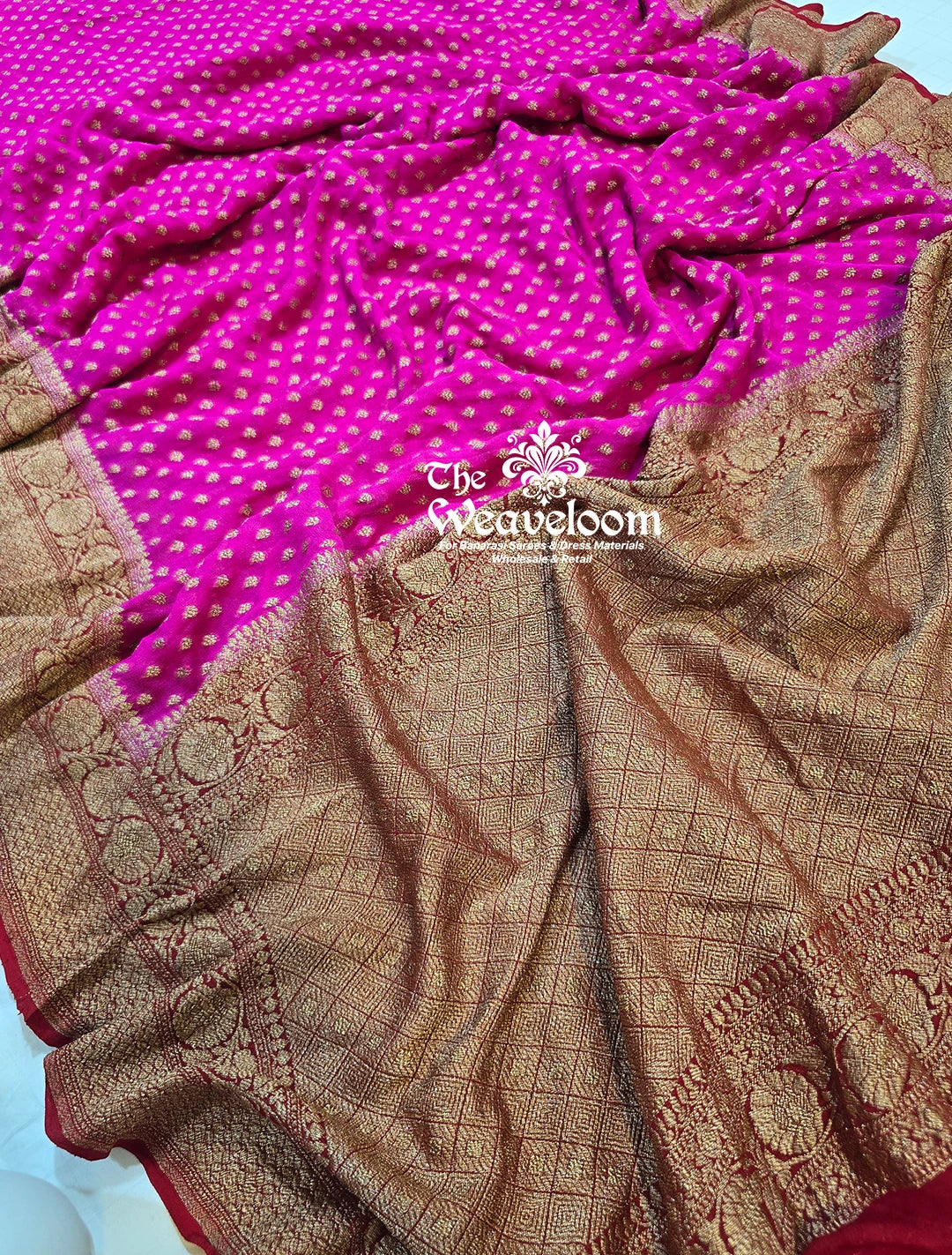 Rani Khaddi Georgette Antique Zari Pure Banarasi Saree with running blouse, available with 100% color customization options. Perfect for weddings and festivals.