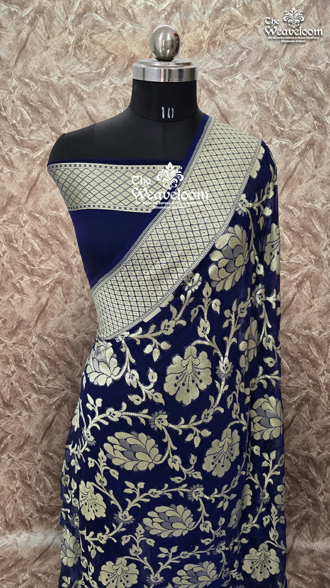 Navy Blue Khaddi Georgette Water Zari Pure Banarasi Saree with customizable color options, 6.5 meters length, and matching running blouse.