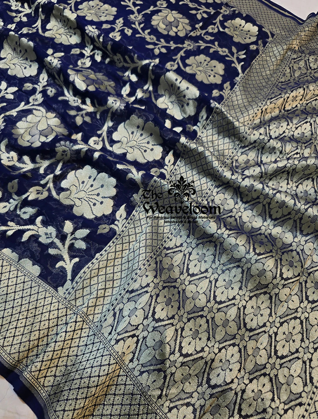 Navy Blue Khaddi Georgette Water Zari Pure Banarasi Saree with customizable color options, 6.5 meters length, and matching running blouse.