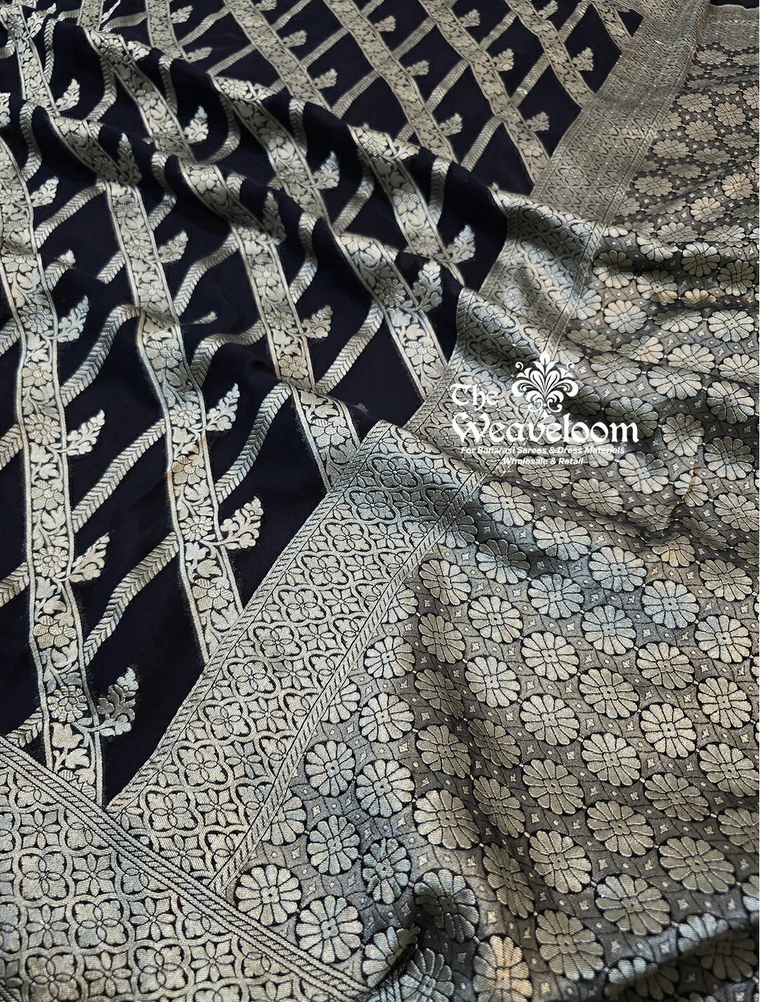 Black Khaddi Georgette Water Zari Pure Banarasi Saree with intricate detailing and customizable color options.