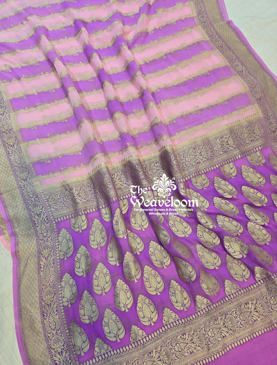 Khaddi Georgette Water Zari Pure Banarasi Saree in Lavender with Intricate Water Zari Stripes and Matching Running Blouse Piece