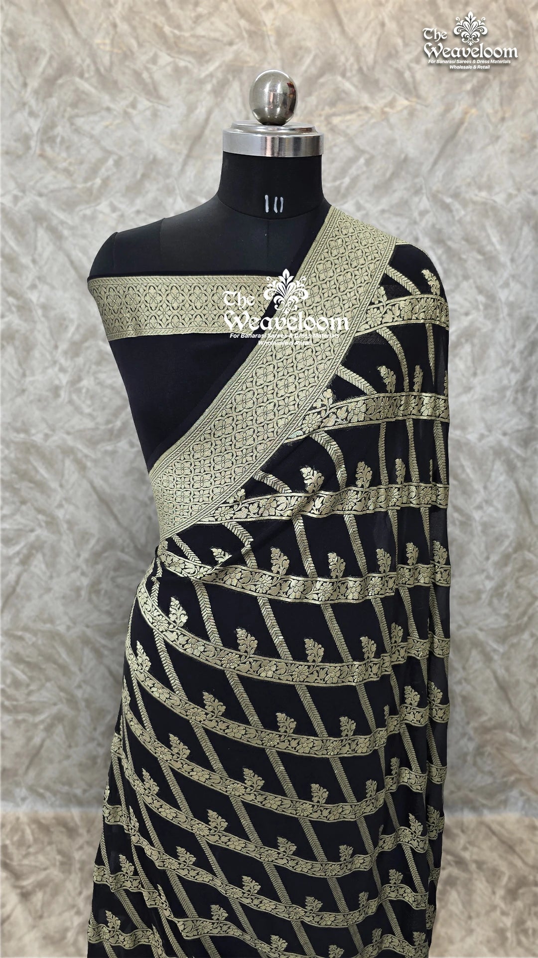Black Khaddi Georgette Water Zari Pure Banarasi Saree with intricate detailing and customizable color options.
