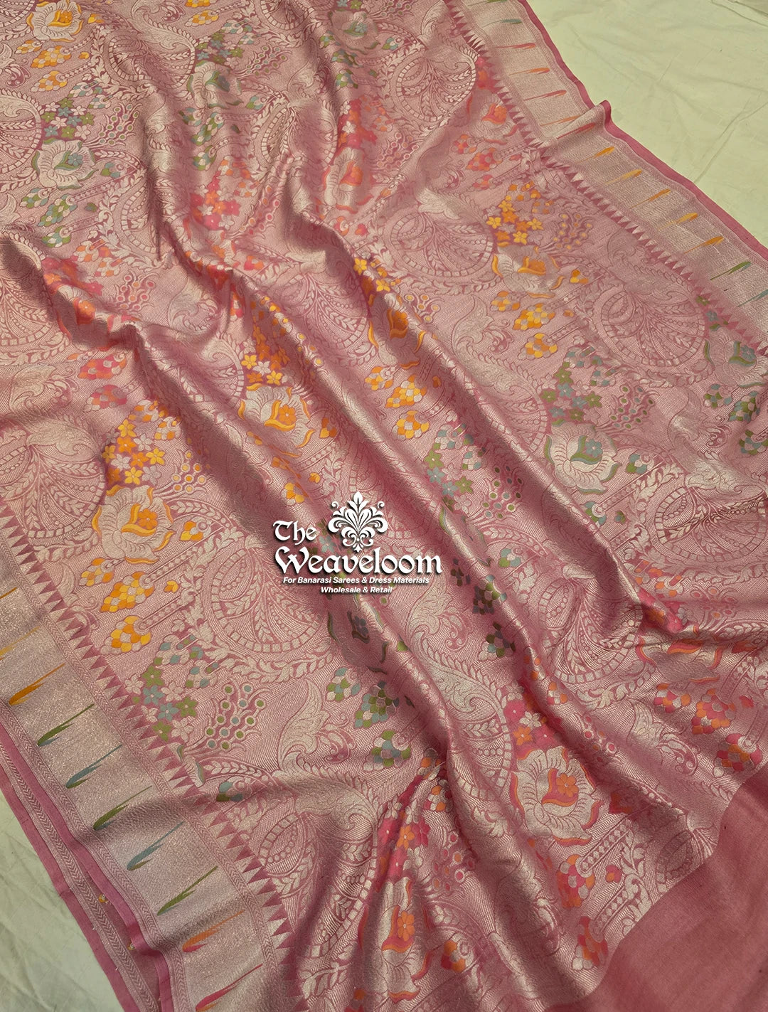 Light Pink Tussar Georgette Pure Banarasi Saree with Meenakari by The Weaveloom – Elegant pastel pink saree with 100% color customization option.
