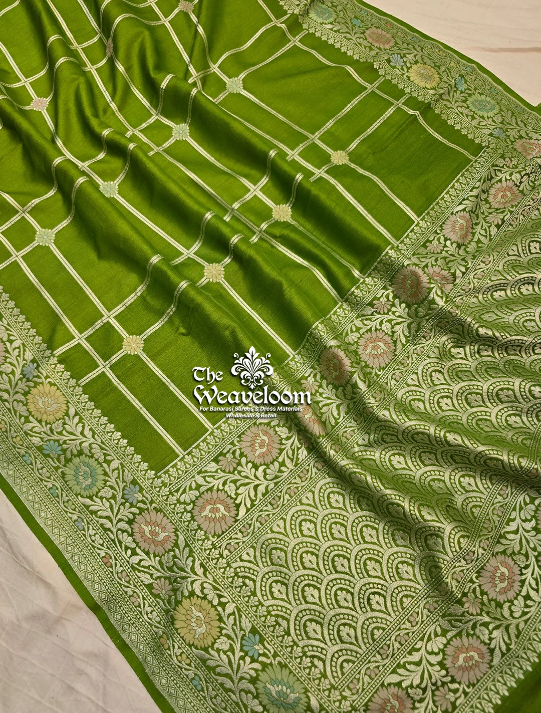 Mehendi Green Tussar Georgette Pure Banarasi Saree with Meenakari by The Weaveloom – Elegant saree for weddings and traditional occasions.