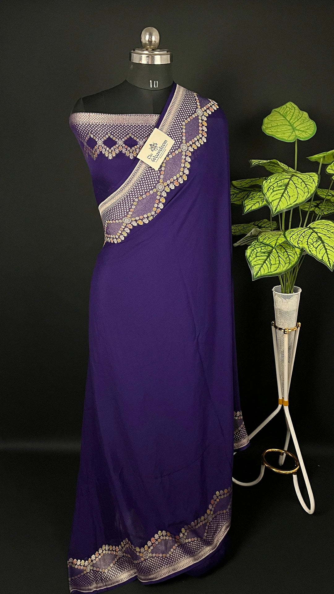 Navy Blue Pure Khaddi Georgette Banarasi Saree Water Zari Handbrush - The Weaveloom