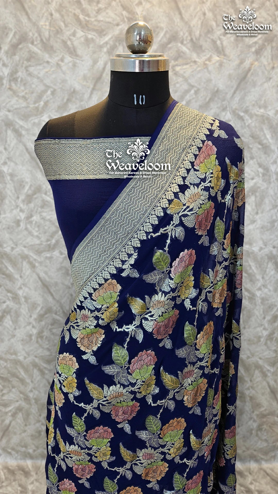 Navy Blue Floral Khaddi Georgette Banarasi Saree with Water Zari Work - Pure Banarasi Saree Online