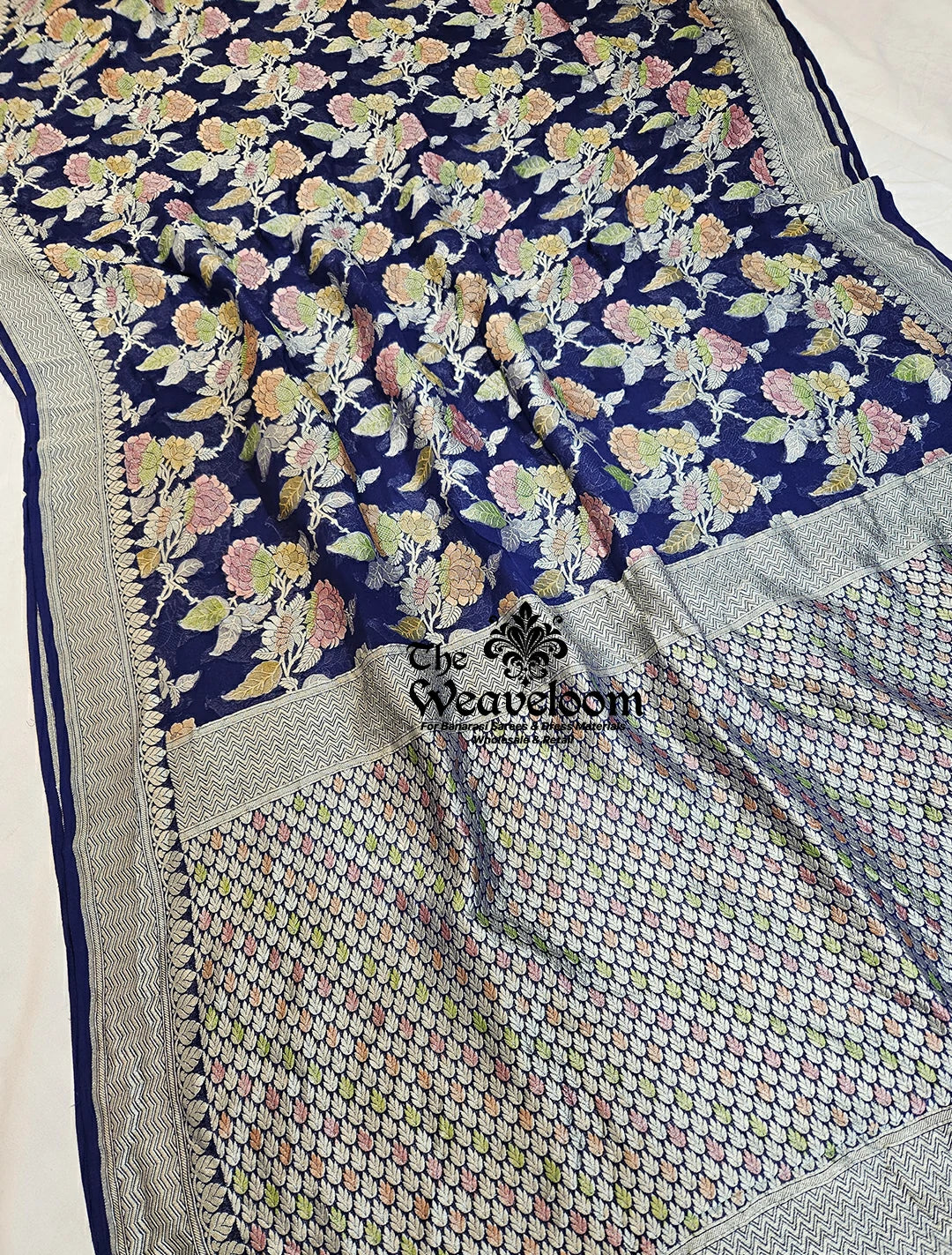 Navy Blue Floral Khaddi Georgette Banarasi Saree with Water Zari Work - Pure Banarasi Saree Online