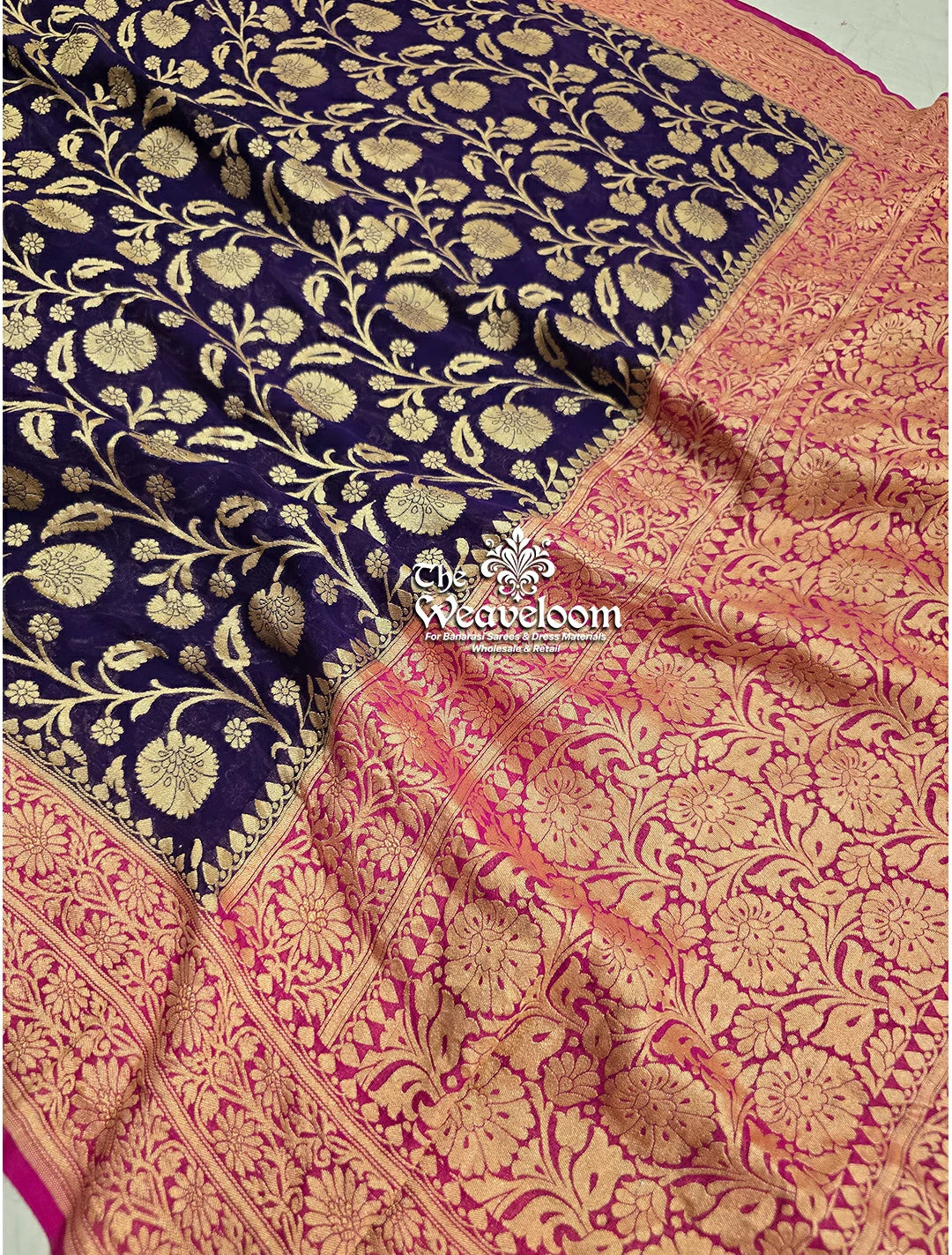 Navy Blue Khaddi Georgette Jaal Work Banarasi Saree with Antique Zari by The Weaveloom