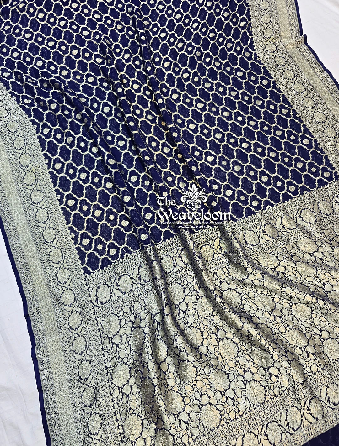 Navy Blue - Khaddi Georgette Pure Banarasi Saree Water Zari by The Weaveloom