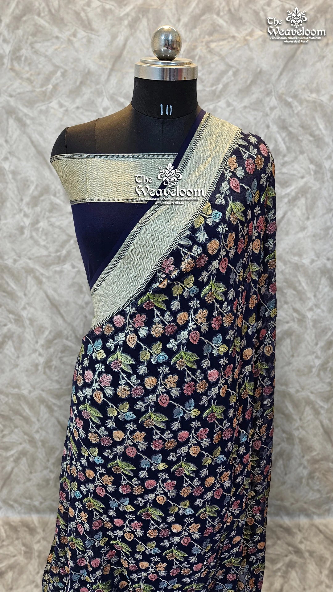 Navy Blue Khaddi Georgette Pure Banarasi Saree with Water Zari by The Weaveloom