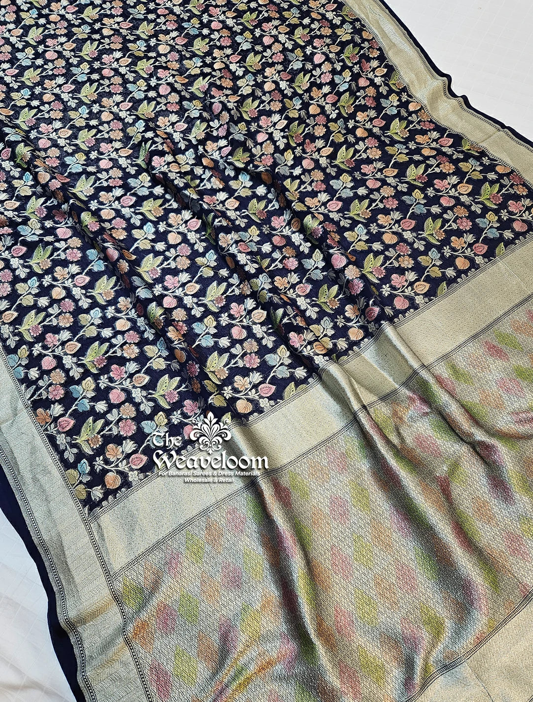 Navy Blue Khaddi Georgette Pure Banarasi Saree with Water Zari by The Weaveloom