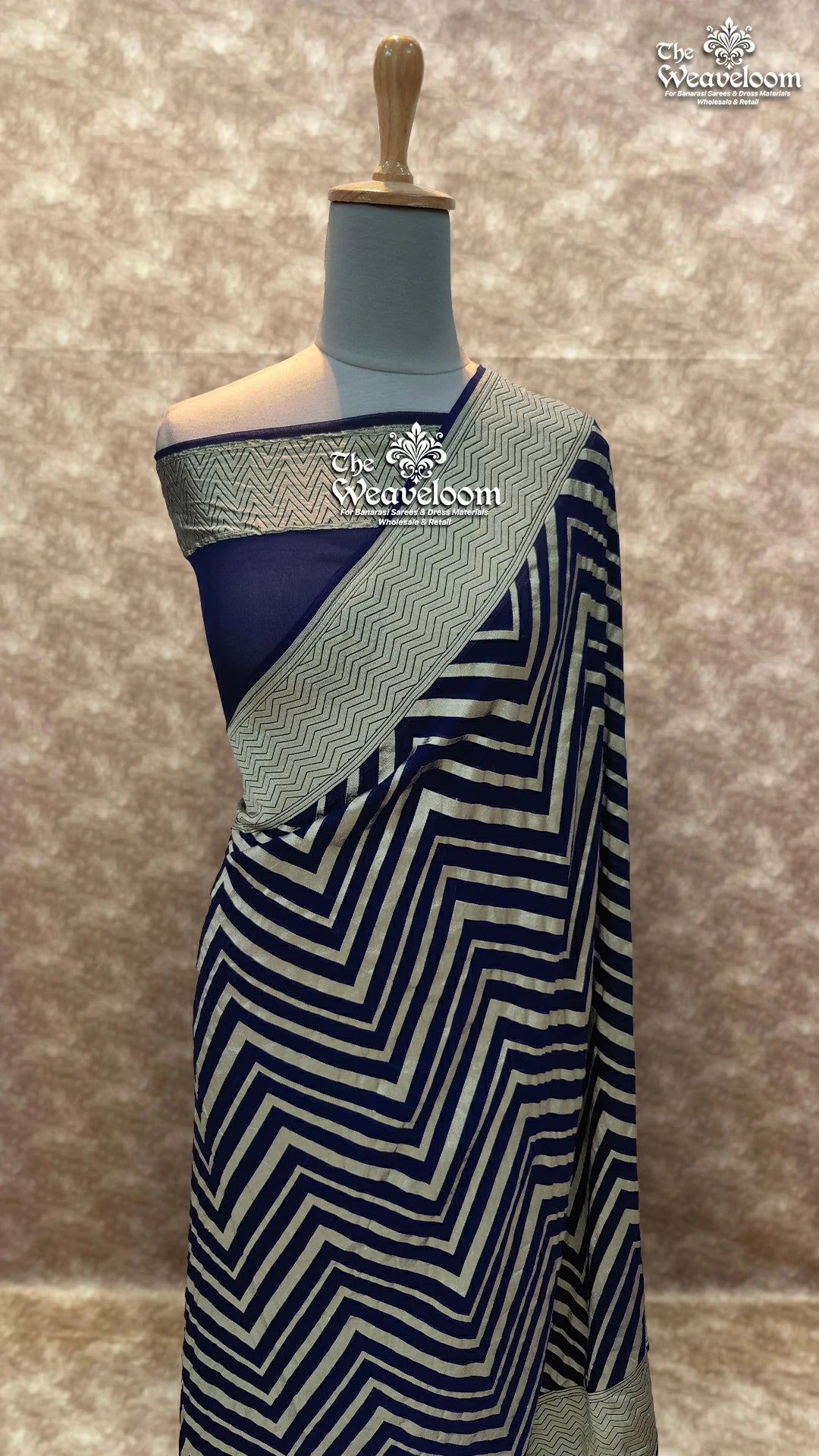 Navy Blue Khaddi Georgette Water Zari Pure Banarasi Saree - The Weaveloom
