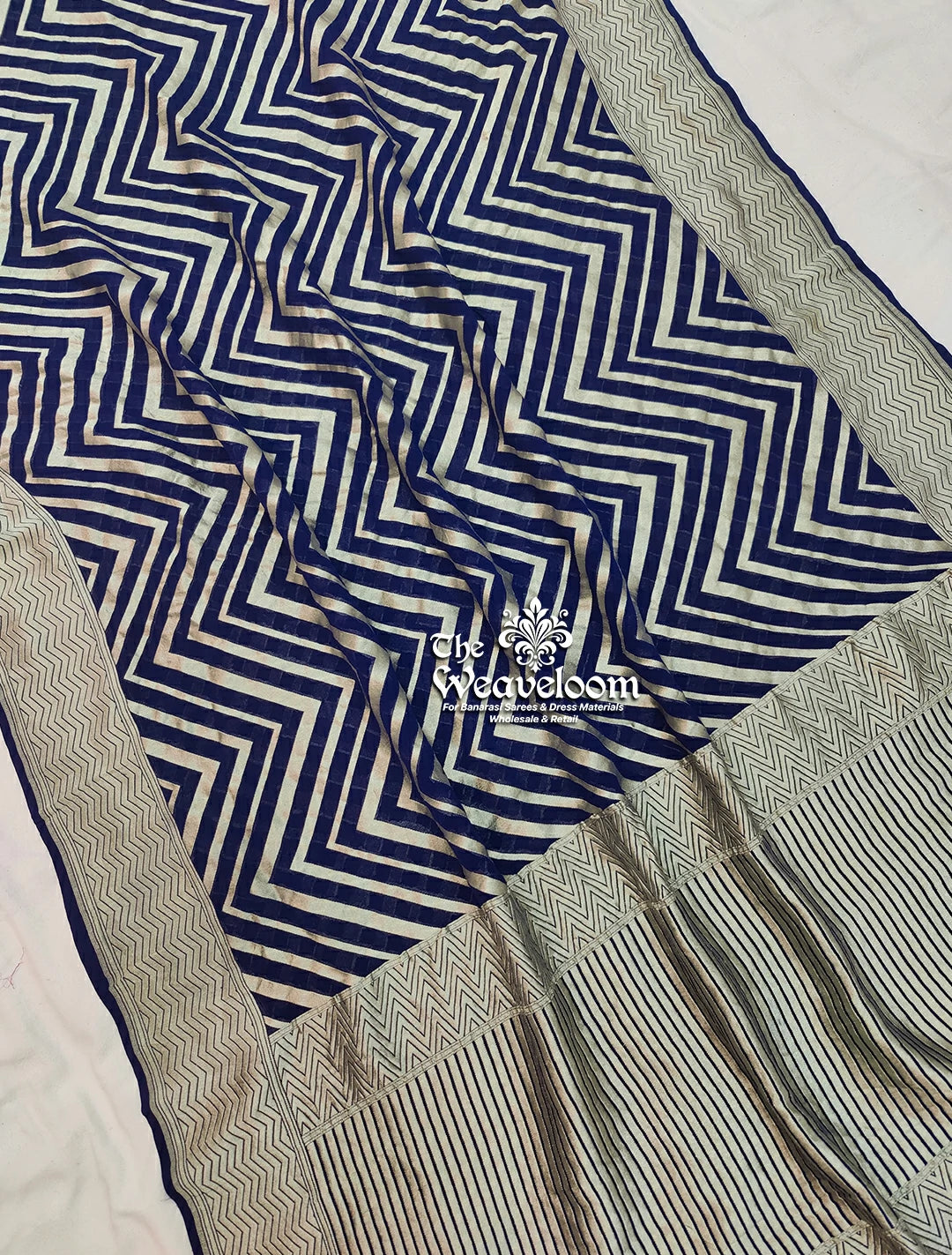 Navy Blue Khaddi Georgette Water Zari Pure Banarasi Saree - The Weaveloom