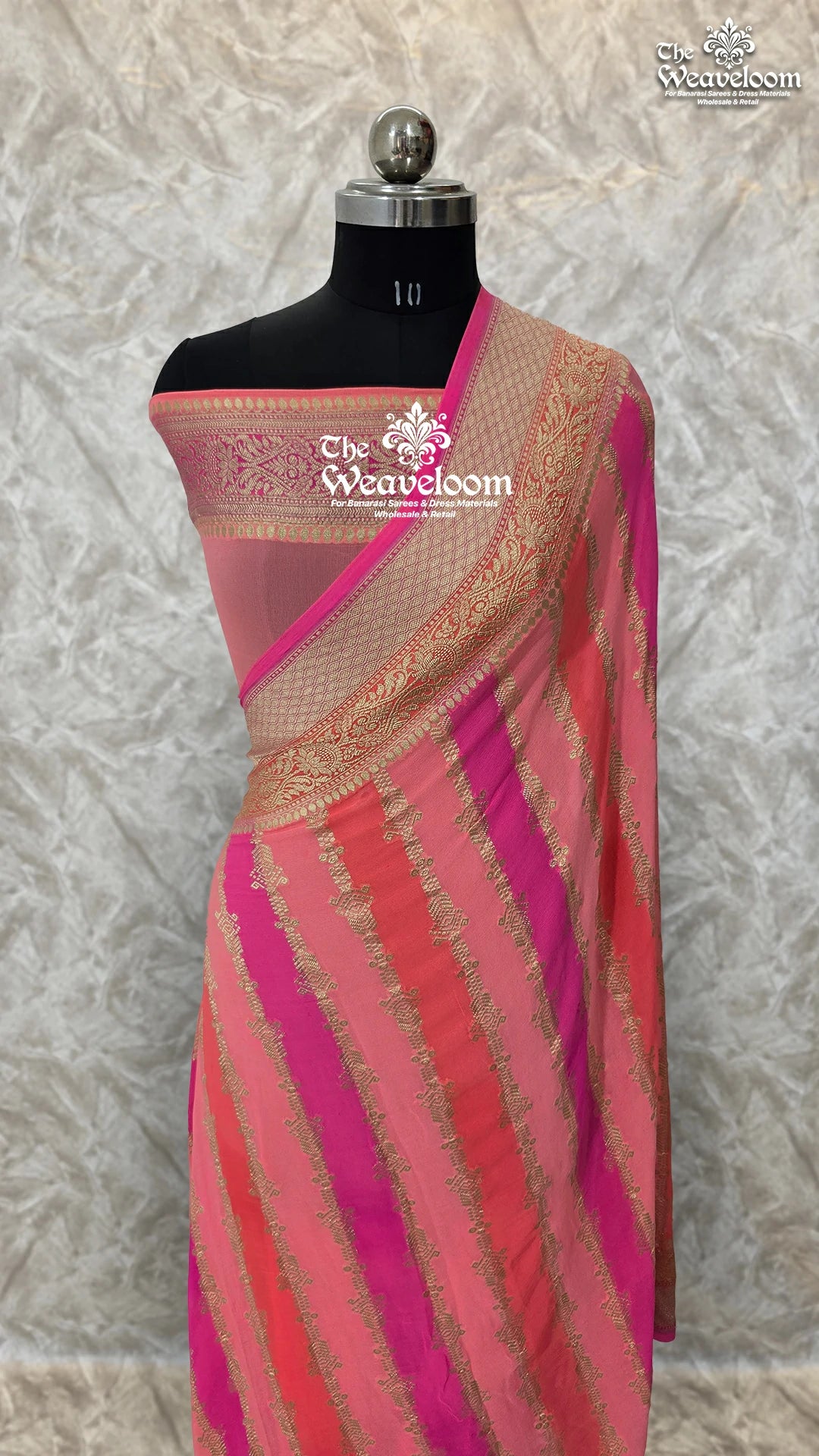 Peach Multi Color Khaddi Georgette Water Zari Pure Banarasi Saree with matching running blouse, 6.5 meters length. Perfect for weddings and special occasions.