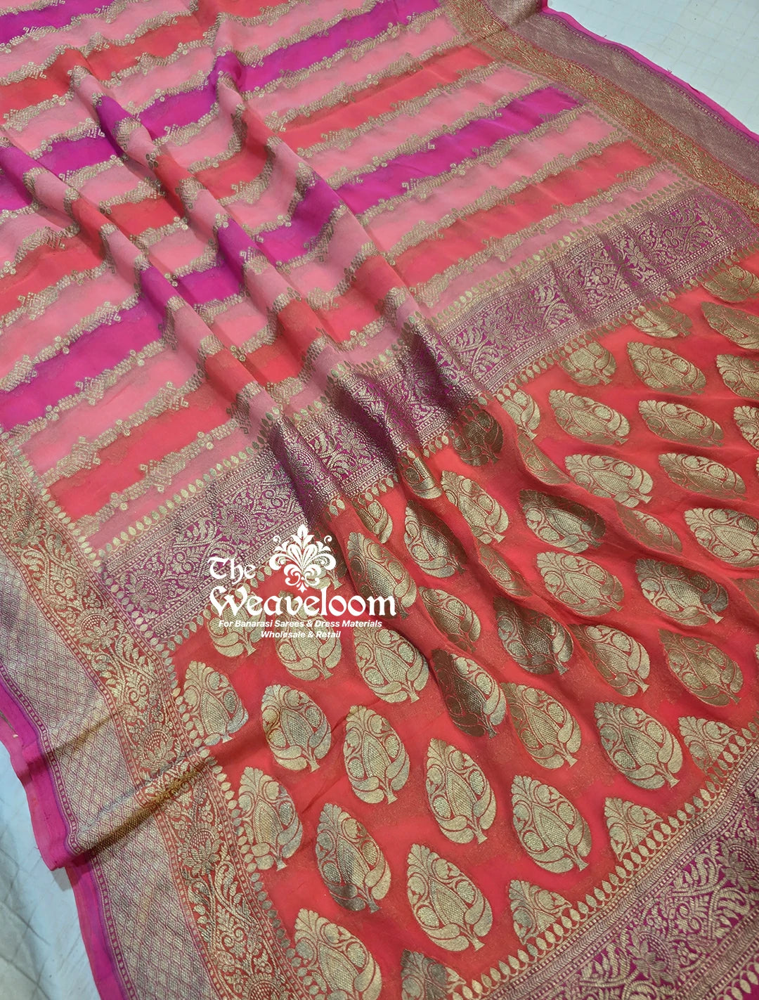 Peach Multi Color Khaddi Georgette Water Zari Pure Banarasi Saree with matching running blouse, 6.5 meters length. Perfect for weddings and special occasions.