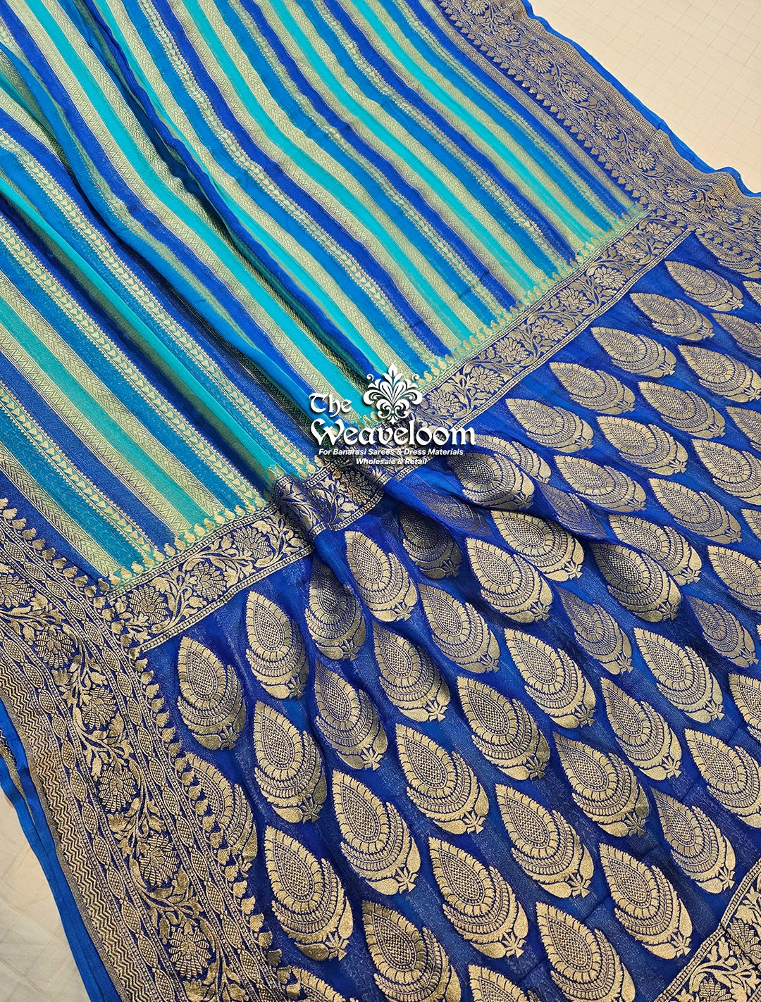 Peacock Blue - Khaddi Georgette Water Zari Pure Banarasi Saree by The Weaveloom