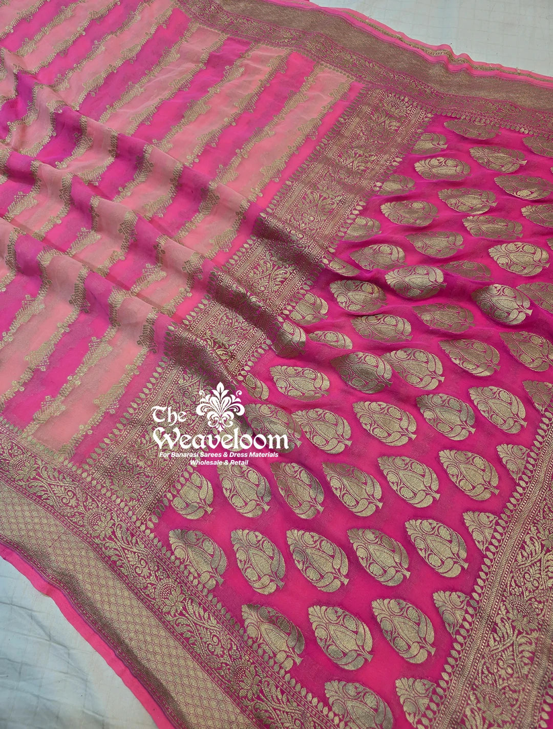 Pink Khaddi Georgette Water Zari Pure Banarasi Saree with running blouse – lightweight, elegant, and customizable for any occasion.