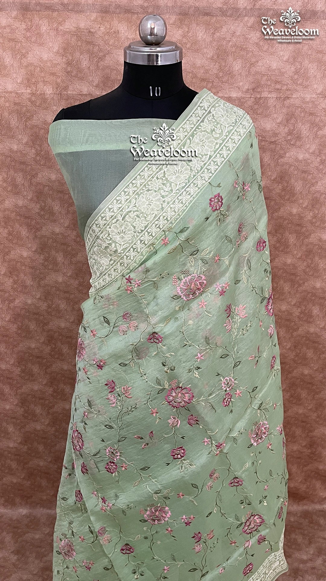 Pista Green Kora Organza Silk Chikankari Pure Banarasi Saree - The Weaveloom