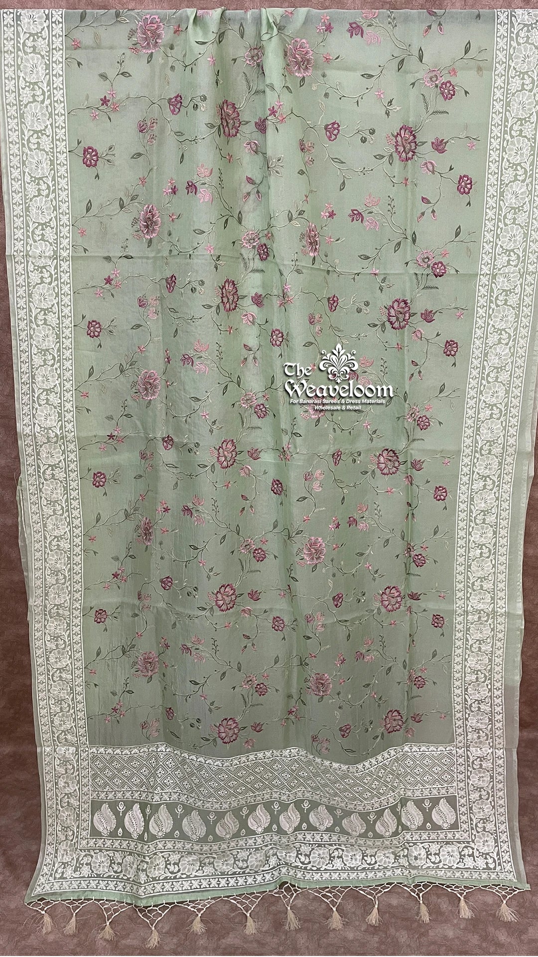 Pista Green Kora Organza Silk Chikankari Pure Banarasi Saree - The Weaveloom