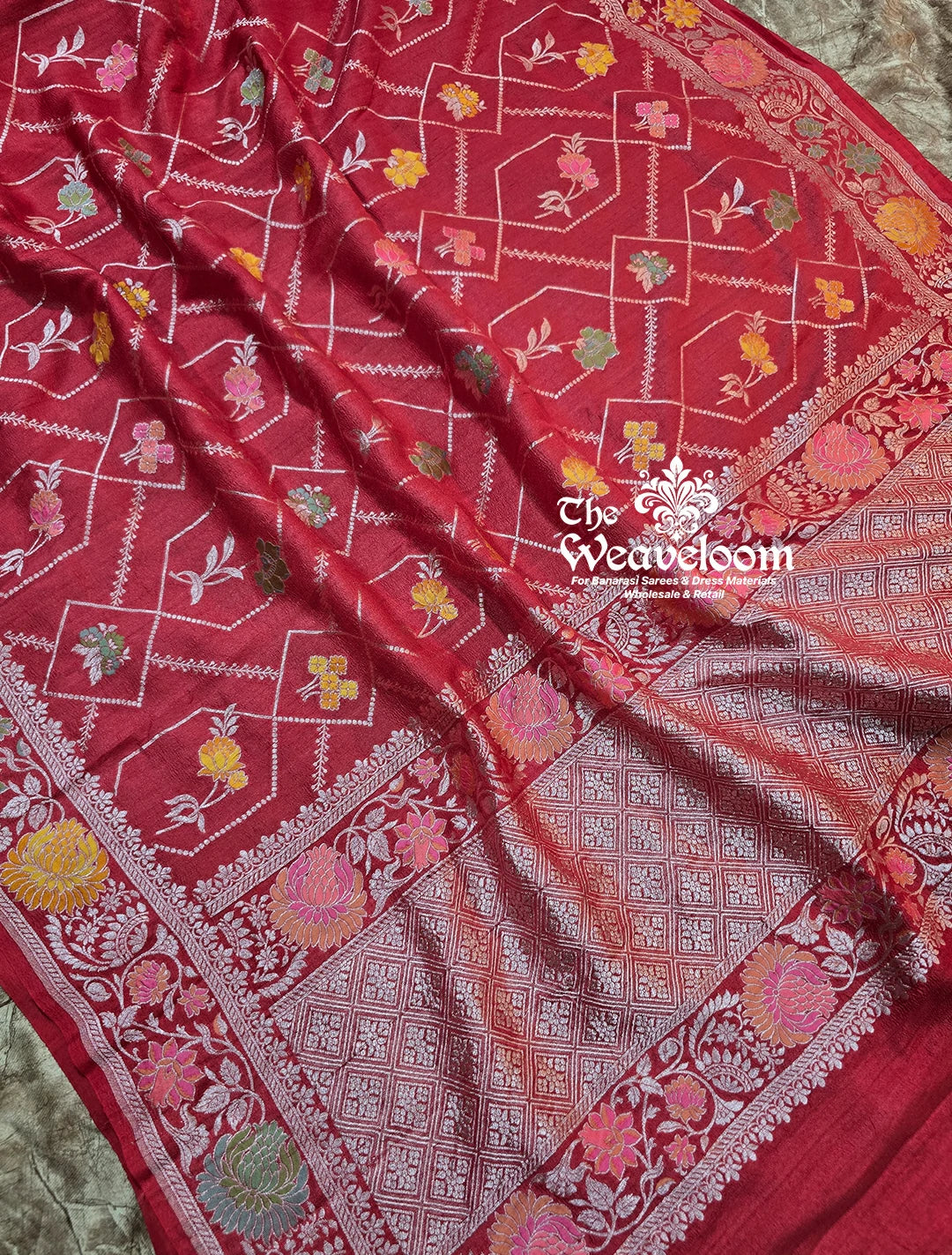 Strawberry Pure Tussar Georgette Meenakari Banarasi Saree – Premium designer saree with meenakari work and customizable color options. Perfect for special occasions.