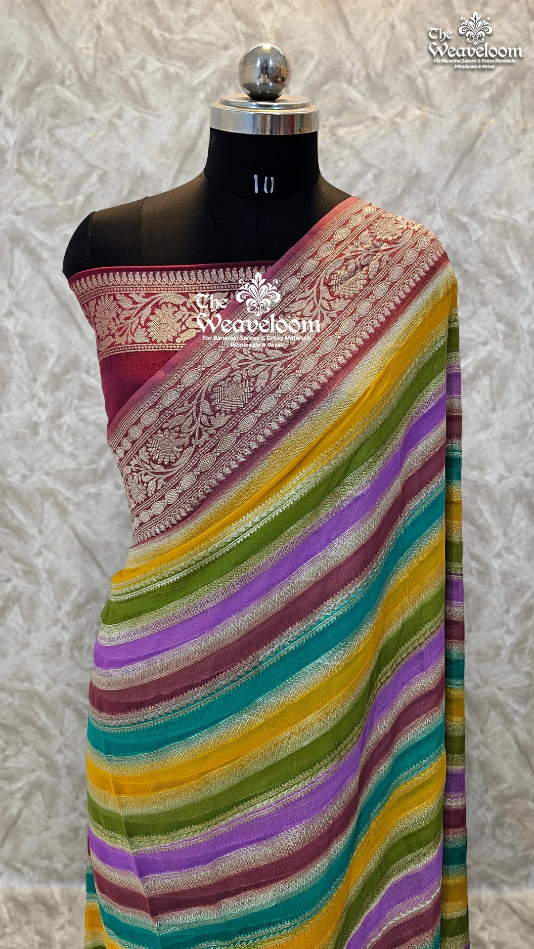 Rangkat Multi-Colour Stripe Saree - Khaddi Georgette Water Zari Pure Banarasi Saree with customizable colours, 6.5 meters in length, and running blouse.