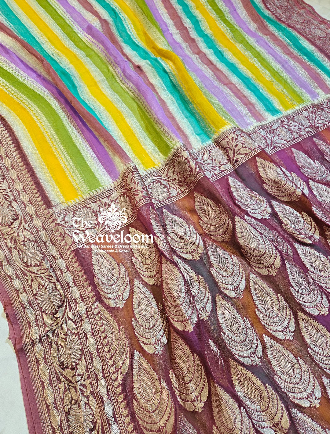 Rangkat Multi-Colour Stripe Saree - Khaddi Georgette Water Zari Pure Banarasi Saree with customizable colours, 6.5 meters in length, and running blouse.