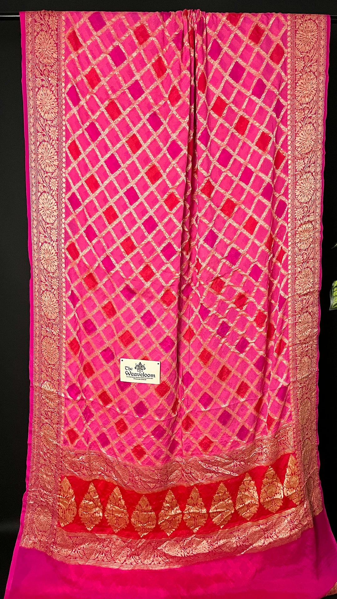 Rangkat Strawberry Crepe Georgette Pure Banarasi Saree Multicolor Lattice Gold Zari by The Weaveloom