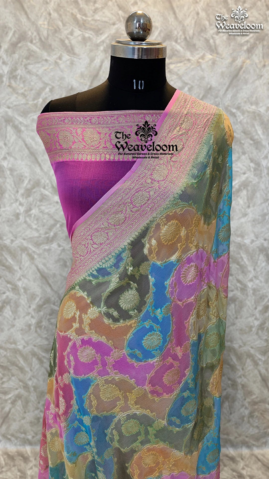 Rangkat Multi-Colour Khaddi Georgette Banarasi Saree with intricate water zari detailing and custom colour options.