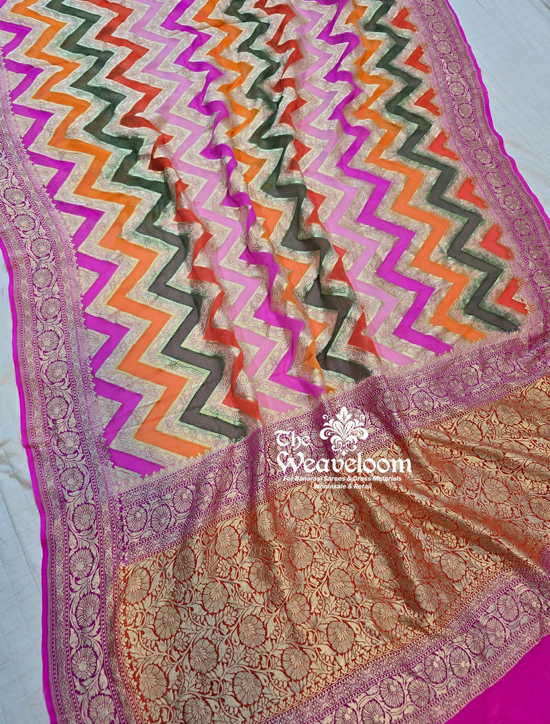 Rangkat Multi-Colour Khaddi Georgette Water Zari Pure Banarasi Saree with Free Shipping and Color Customization Option