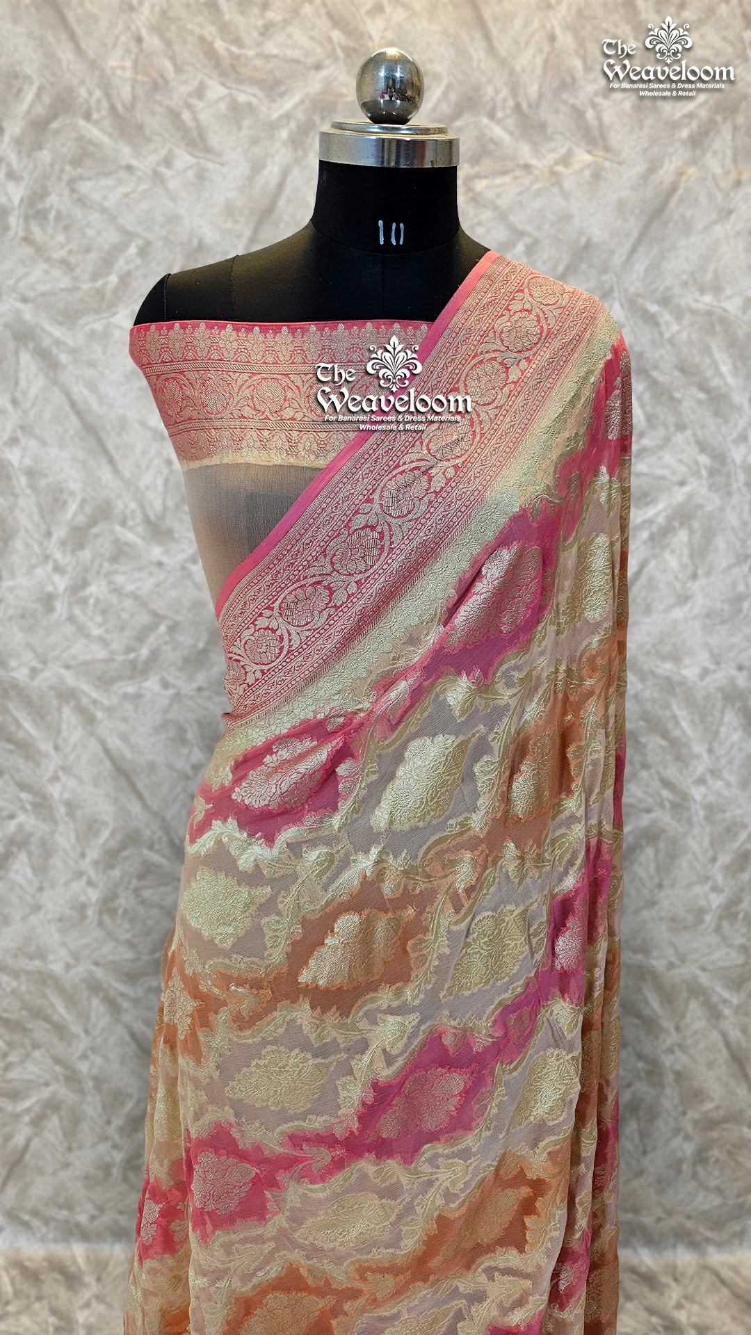 Rangkat Multi Colour Peach Tone Khaddi Georgette Water Zari Pure Banarasi Saree by The Weaveloom