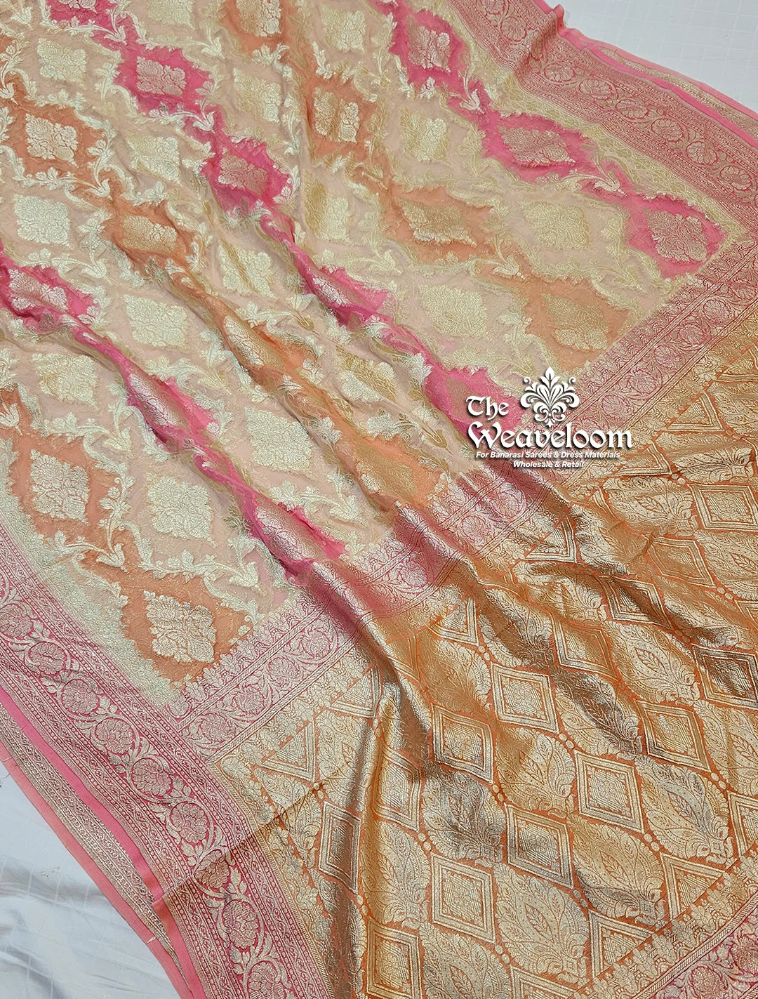 Rangkat Multi Colour Peach Tone Khaddi Georgette Water Zari Pure Banarasi Saree by The Weaveloom
