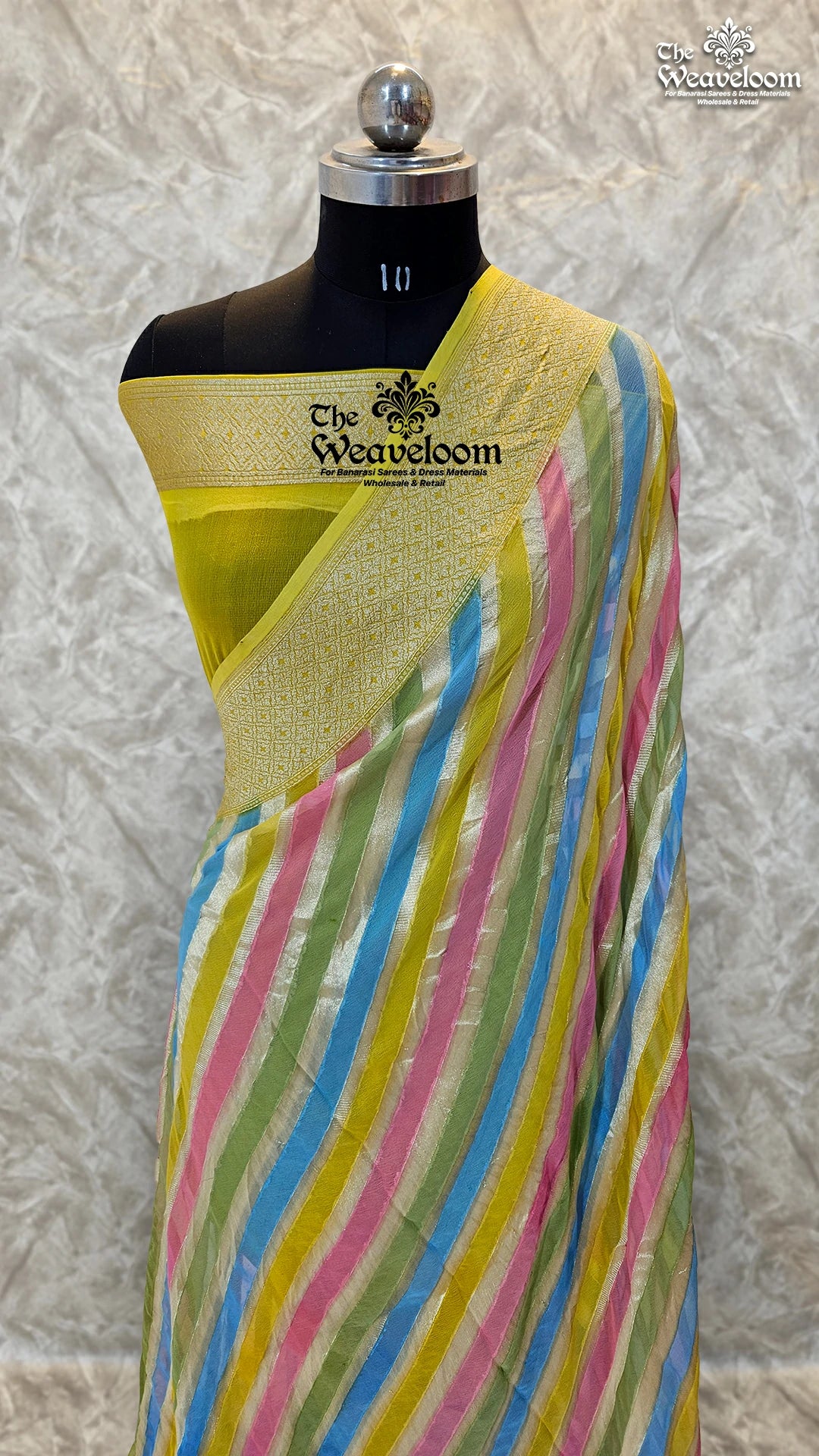 Rangkat Multi Colour Stripes Khaddi Georgette Pure Banarasi Saree by The Weaveloom