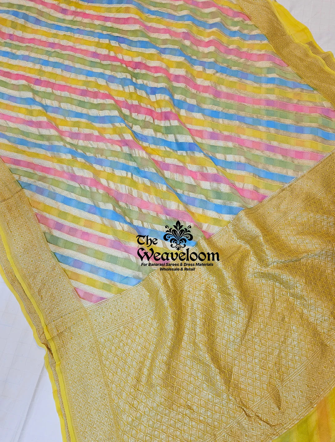 Rangkat Multi Colour Stripes Khaddi Georgette Pure Banarasi Saree by The Weaveloom