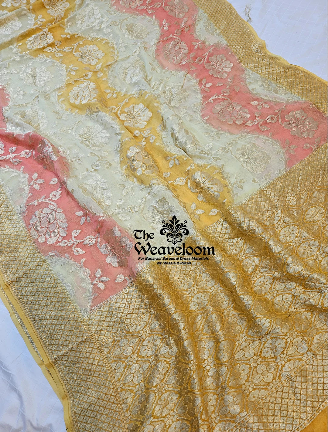 Multi Colour Triple Colour Khaddi Georgette Rangkat Pure Banarasi Saree with Water Zari – The Weaveloom