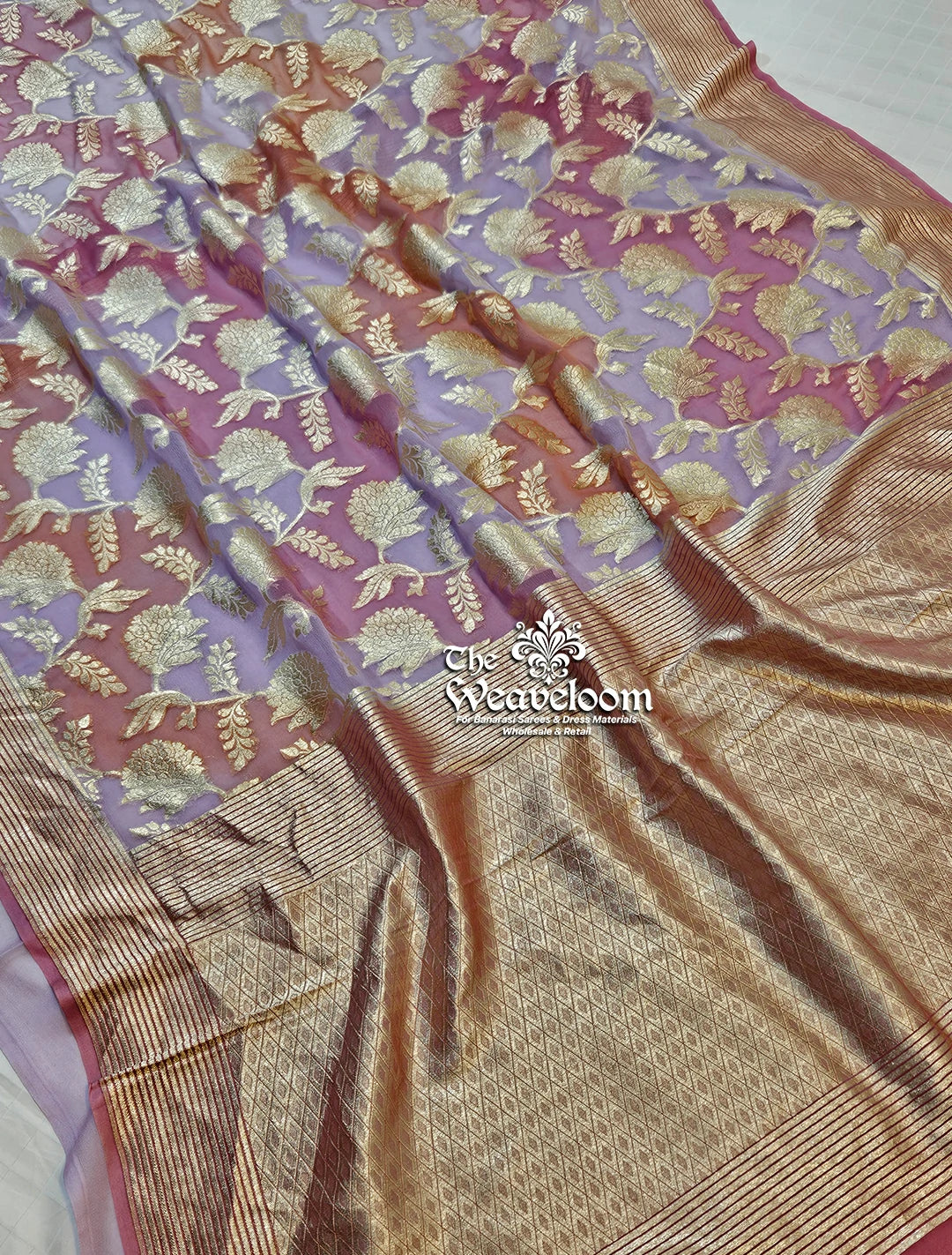 Rangkat Multicolour Lavender Khaddi Georgette Banarasi Saree by The Weaveloom
