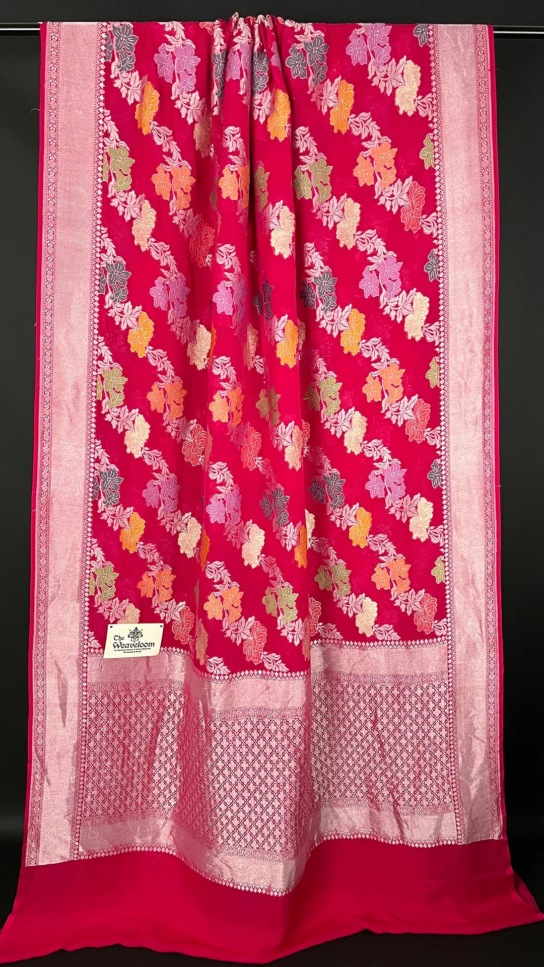 Rani Khaddi Georgette Silver Zari Pure Banarasi Saree with Meenakari Royal Pink – The Weaveloom