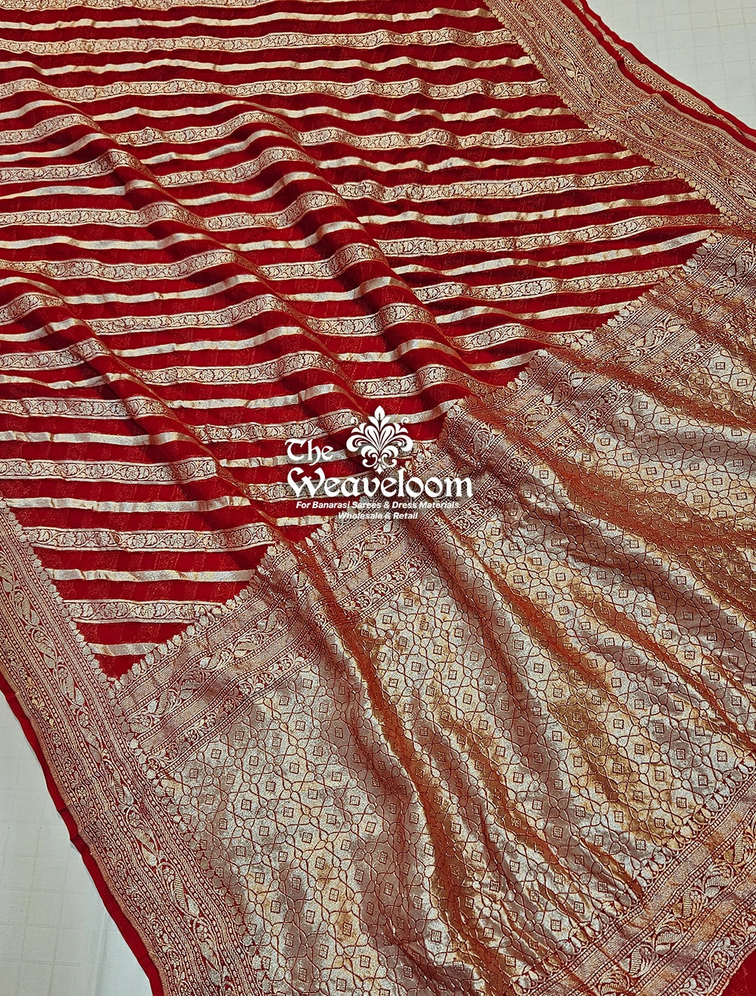 Red Khaddi Georgette Water Zari Pure Banarasi Saree by The Weaveloom - Shop Pure Georgette Sarees Online
