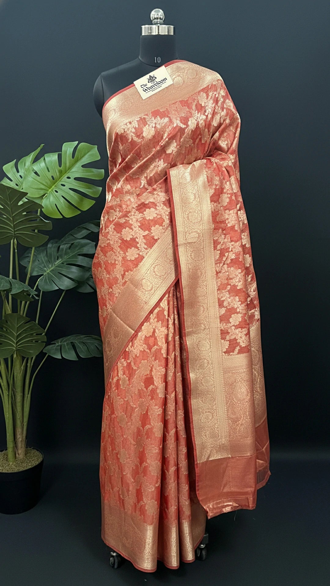 Red - Tissue Silk Pure Banarasi Saree With Gold Floral Jaal And Broad Zari Border — The Weaveloom