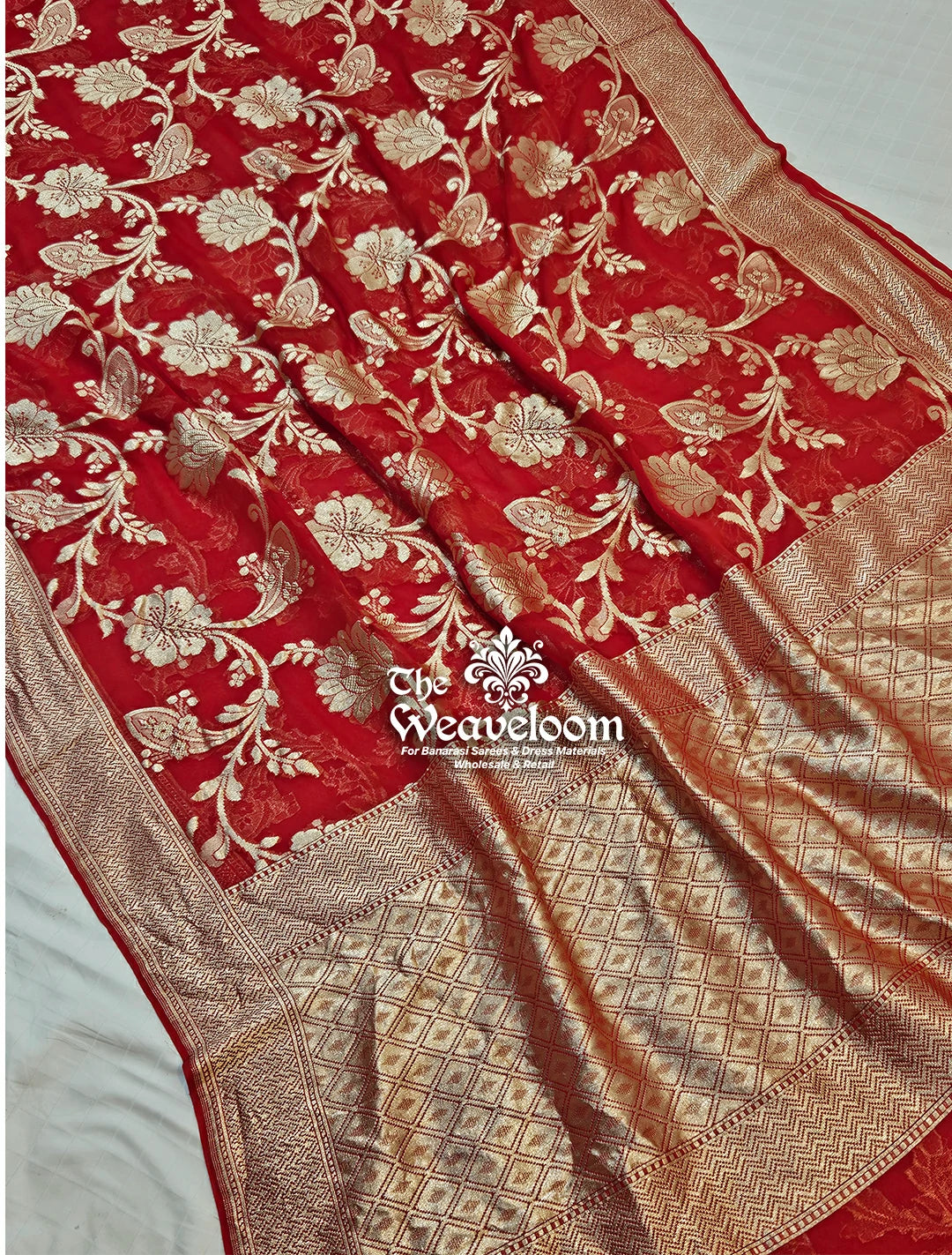 Red Khaddi Georgette Water Zari Pure Banarasi Saree by The Weaveloom – Premium Floral Georgette Saree Online