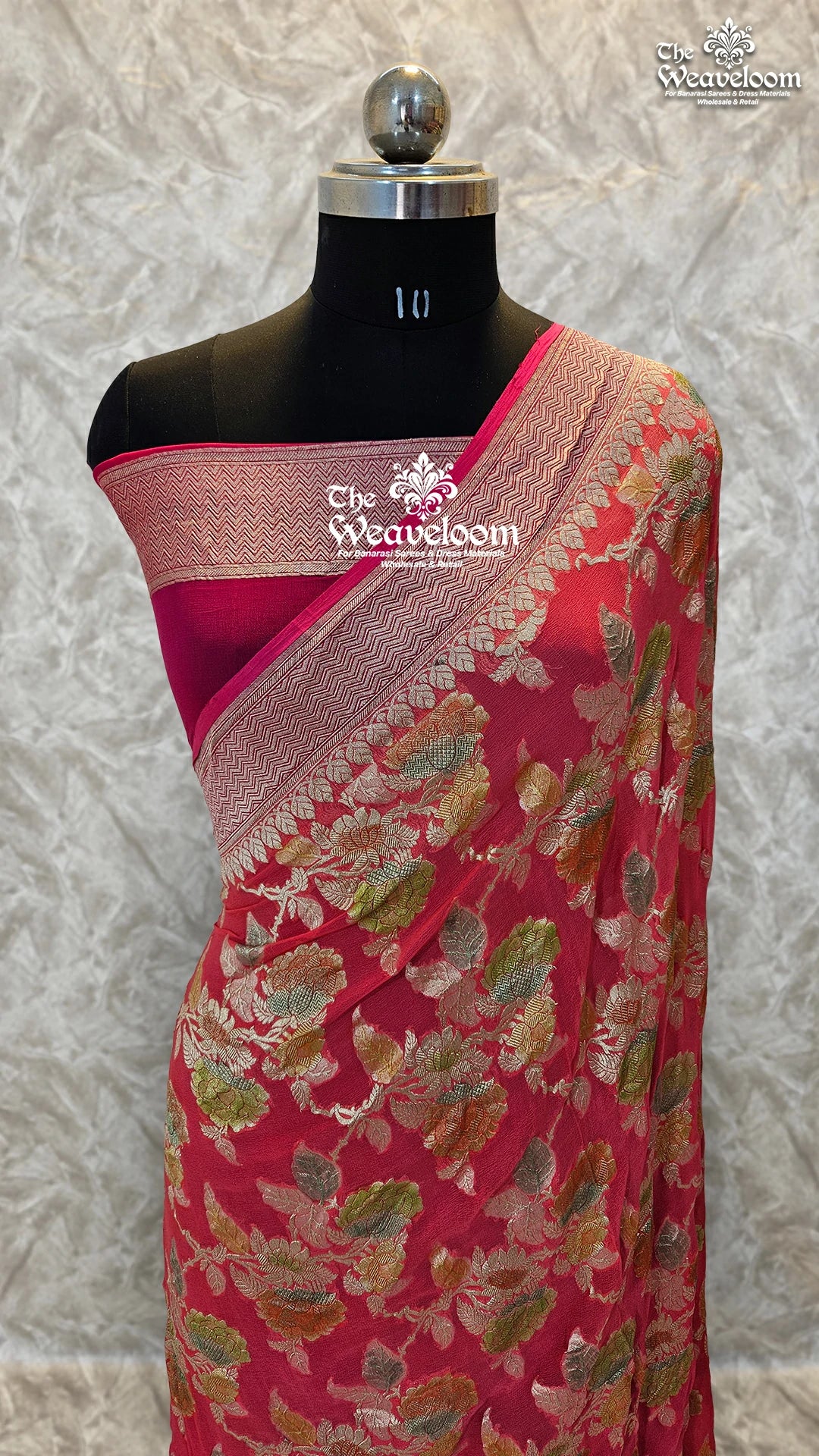 Strawberry Khaddi Georgette Water Zari Pure Banarasi Saree with customizable color options.