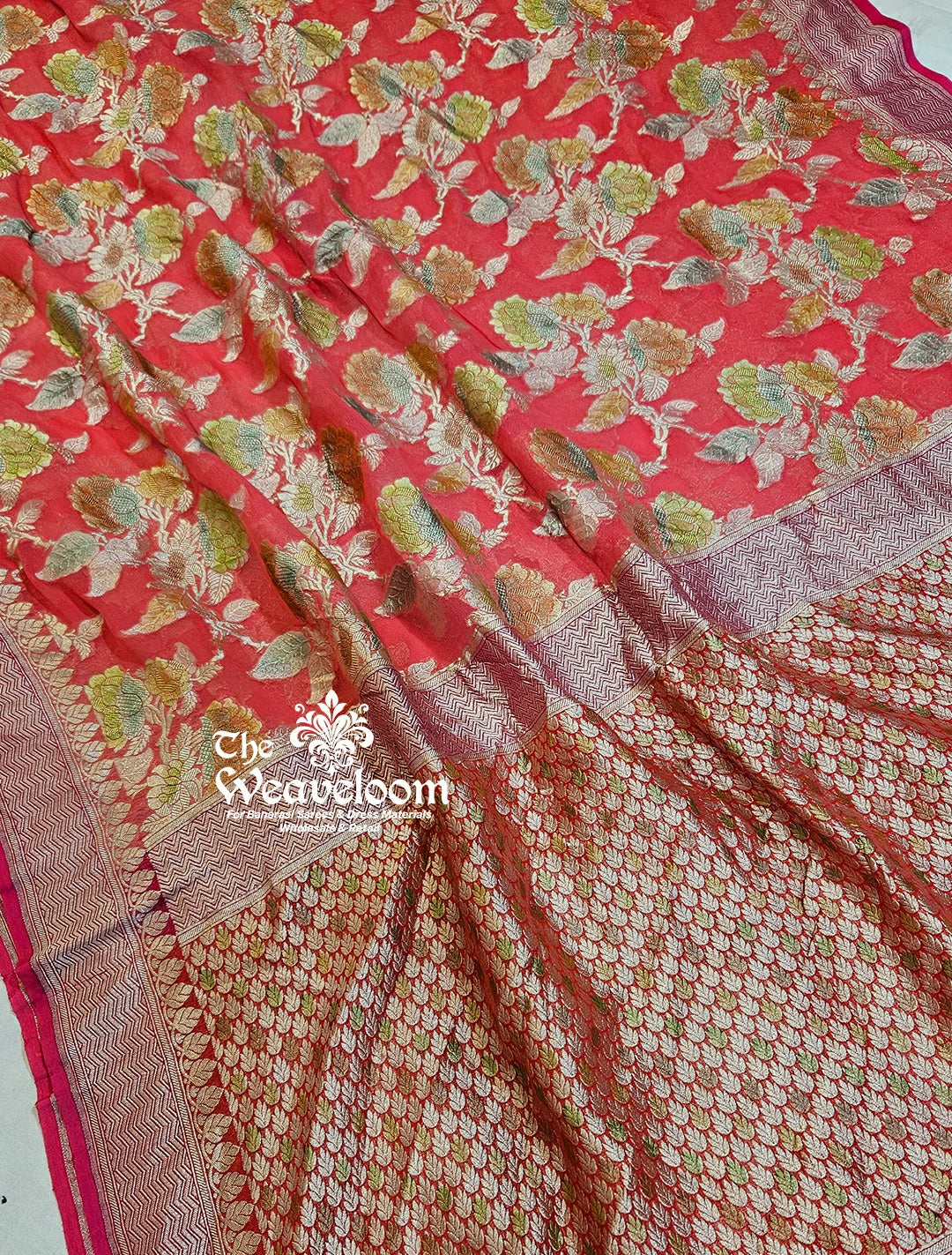 Strawberry Khaddi Georgette Water Zari Pure Banarasi Saree with customizable color options.
